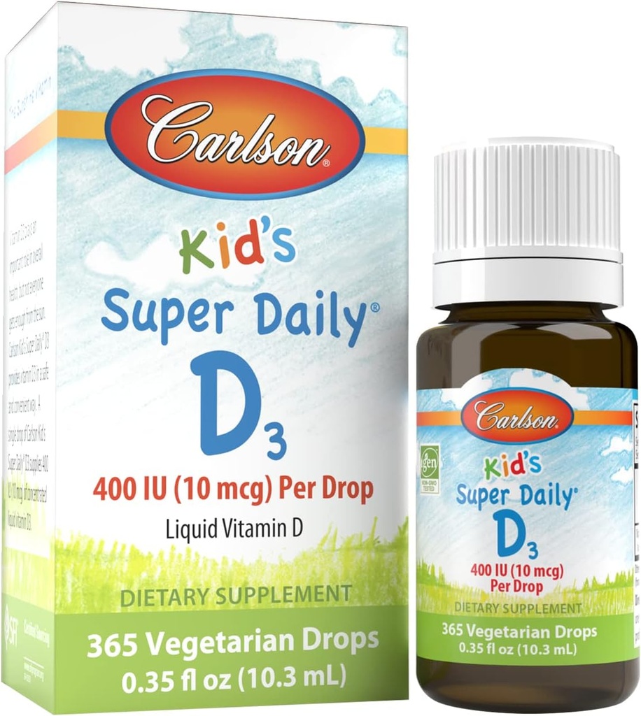 Carlson - Kids Super Daily D3, Kids Vitamin D Drops, 400 IE (10 mcg) per Drop, Heart Health, Immune Support, Vegetarian, Liquid Vitamin D Drops, Unflavored, 365 Drops