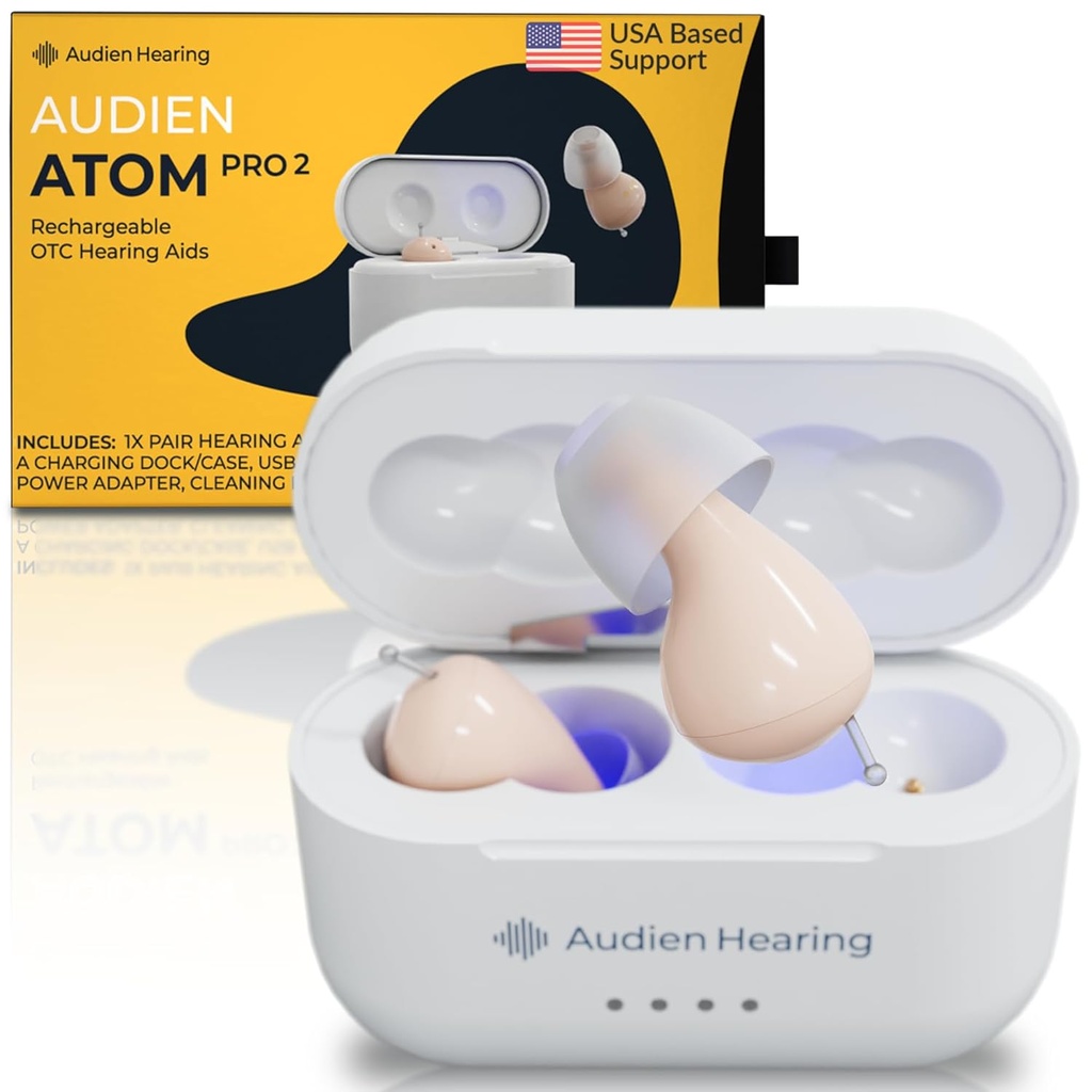 Audien Hearing ATOM PRO 2 Wireless Rechargeable OTC Hearing Aids, Premium Comfort Design och nästan osynlig