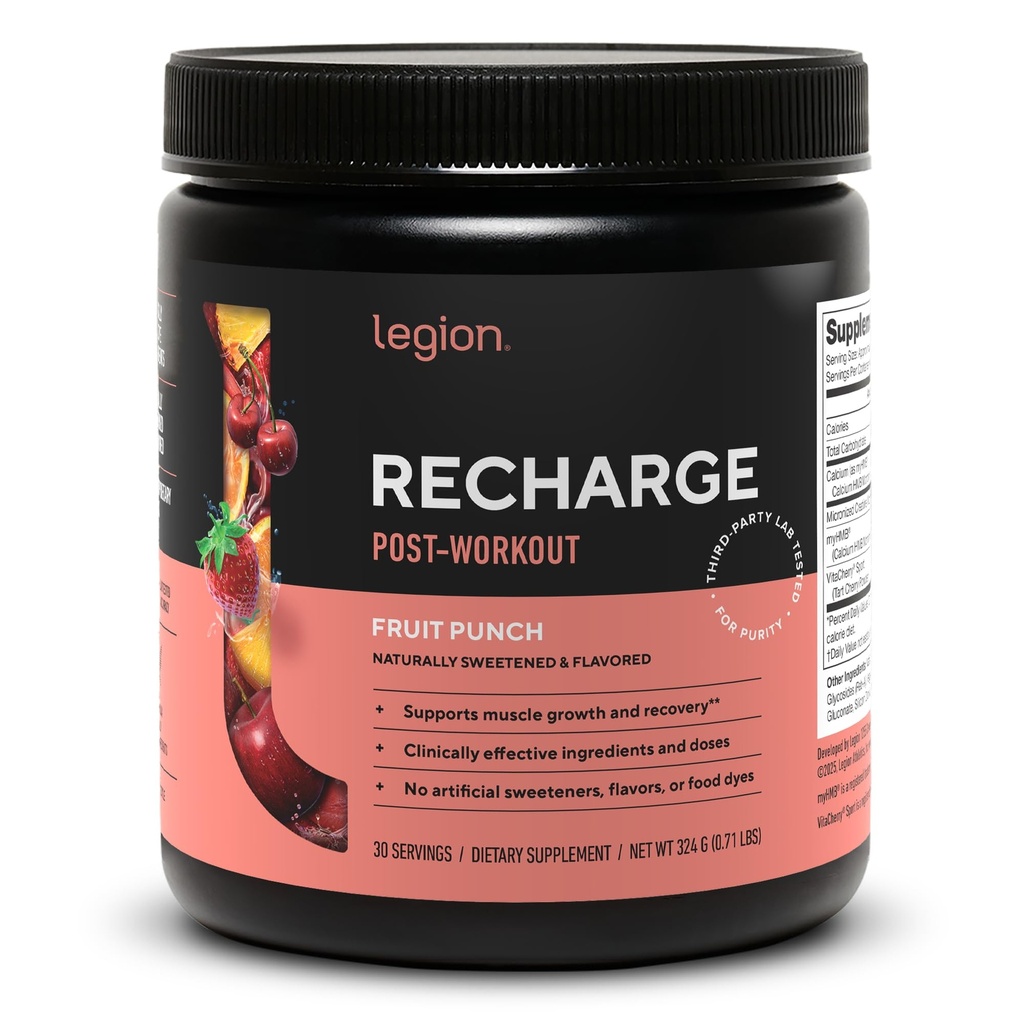 LEGION Recharge Post Workout Supplement - All Natural Muscle Builder & Recovery Drink med Micronized Creatine Monohydrate. Naturligt sötad och smaksatt, säker och hälsosam (fruktpunch, 30 servering)