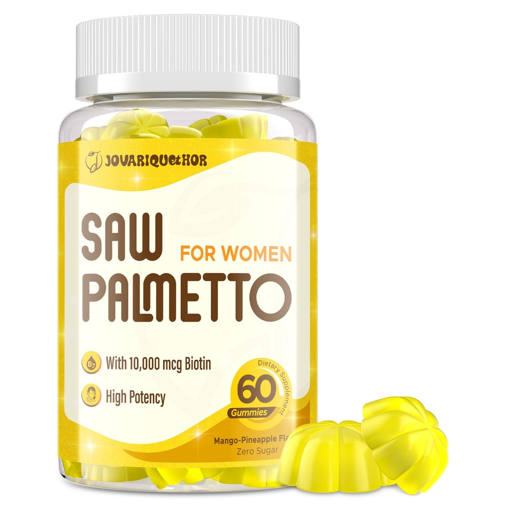 Såg Palmetto för kvinnor - DHT Blocker Hair Growth Supplement - 500mg Potent Saw Palmetto Gummies för hår, hud, naglar, Urinary Wellness - Mango-Pineapple Flavor - 60 Gummies