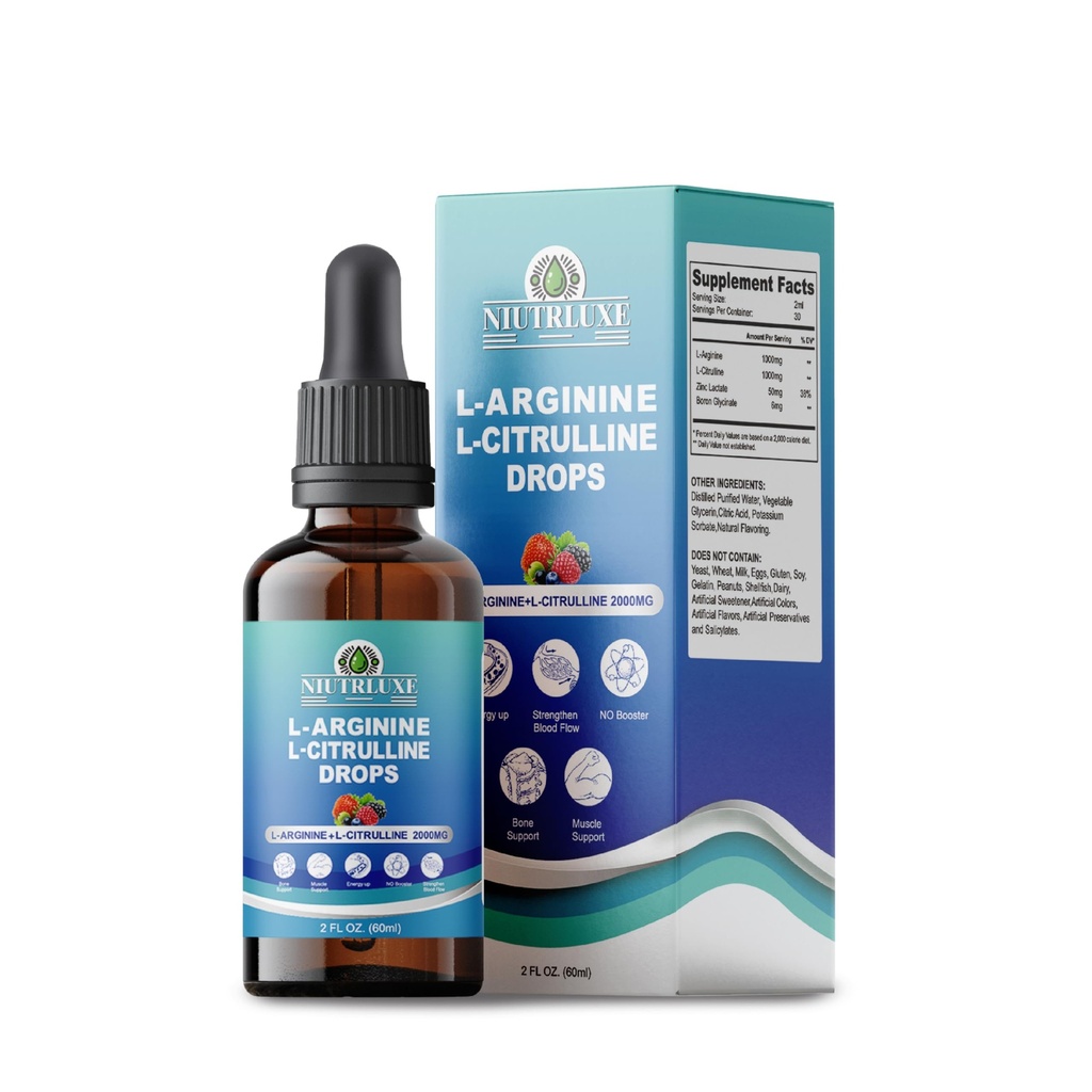 L-Arginin L-Citrulline Drops Liquid, L-Arginin för Män med Boron och Zink, Hög Absorption L-Arginin L-Citrulline Supplements, Sublingual Liquid L-Arginine 1000 mg,Vegan, Non GMO, 60ml