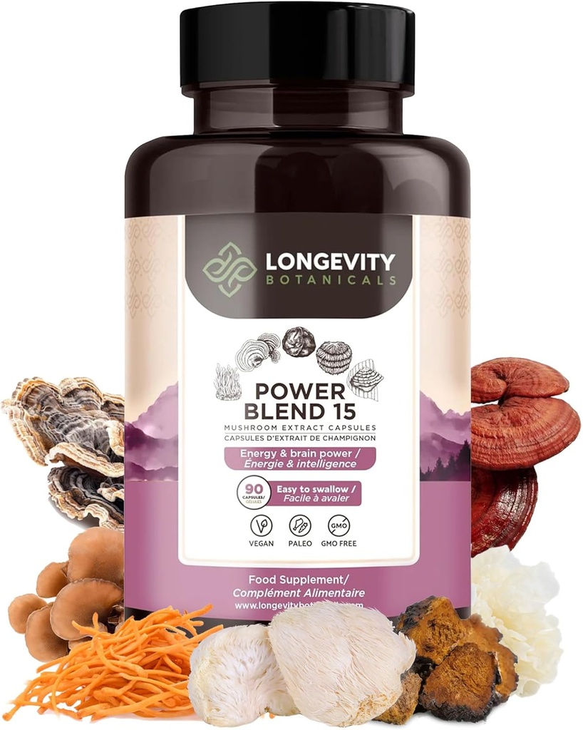 Power 15 Mushroom Blend Capsules Supplement (90) | Hög styrka Extract Complex | Med Lions Mane, Turkiet Tail, Cordyceps, Reishi, Chaga & Tremella | 20% Beta-D Glucans | Immunity & Vitality Support