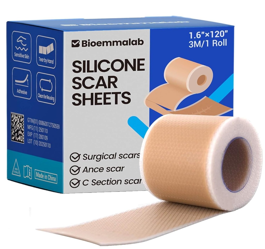 Silicone Scar Sheets Surgical Tape (1,6 "x120" Roll) Face Patches Acne Treatment C Section Strips, Skin-Sensitive Medical Grade Healing Scar Bandages Pads för Keloid, Stretch och Tummy Tuck Recovery