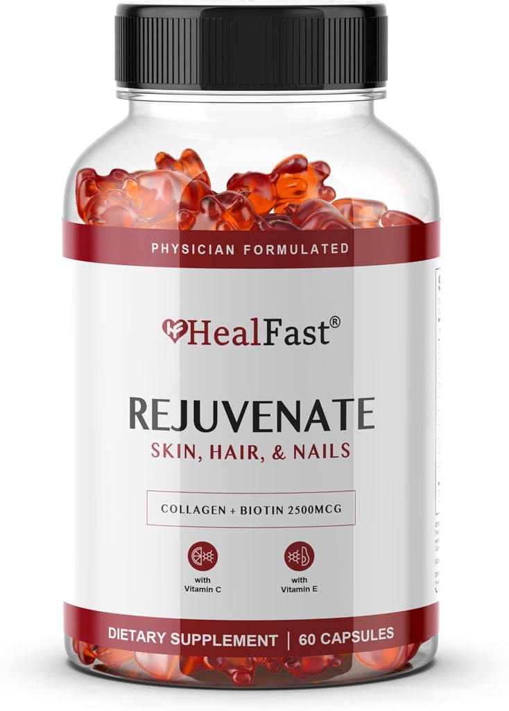 HealFast Rejuvenate Vitamin och Mineral Gummy Supplement - Collagen Gummies + Vitaminer, Biotin och Zink - Anti Aging Beauty & Skin Supplement Clinically-Studied & Physician Formulerad - 60 Count