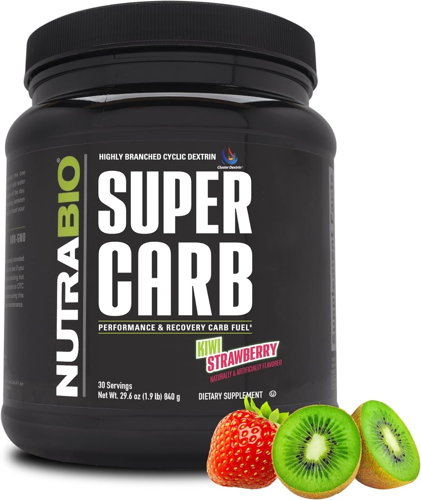 NutraBio Super Carb, kolhydratpulver med Cluster Dextrin & Electrolytes, Advanced Carb Supplement Powder för träningsbränsle, prestanda och muskelåterhämtning, Cyclic Dextrin, Kiwi Strawberry, 30 Sv