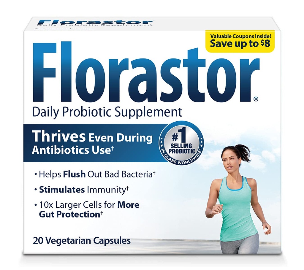 Florastor Probiotics for Digestive & Immune Health, 20 Capsules, Probiotics for Women & Men, Dual action hjälper till att spola ut dåliga bakterier och ökar det goda med vår unika stam Saccharomyces boulardii