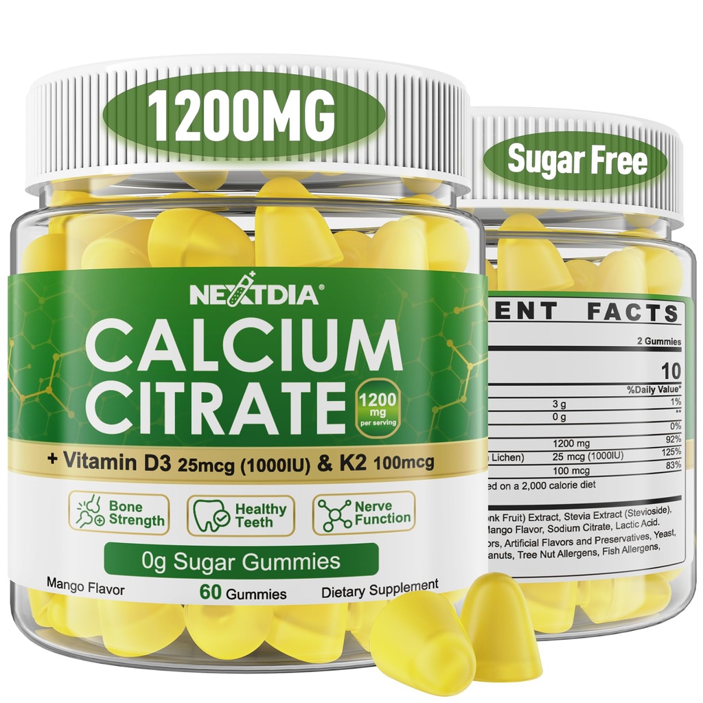 Calcium Citrate Gummies 1200mg med vitamin D3 K2, Chewable Calcium Supplements for Women & Men, High Potency Support B0ne, Te *th, Strength & Immune Health, Mango Flavor, Non-GMO, Sugar Free, 120 Cts