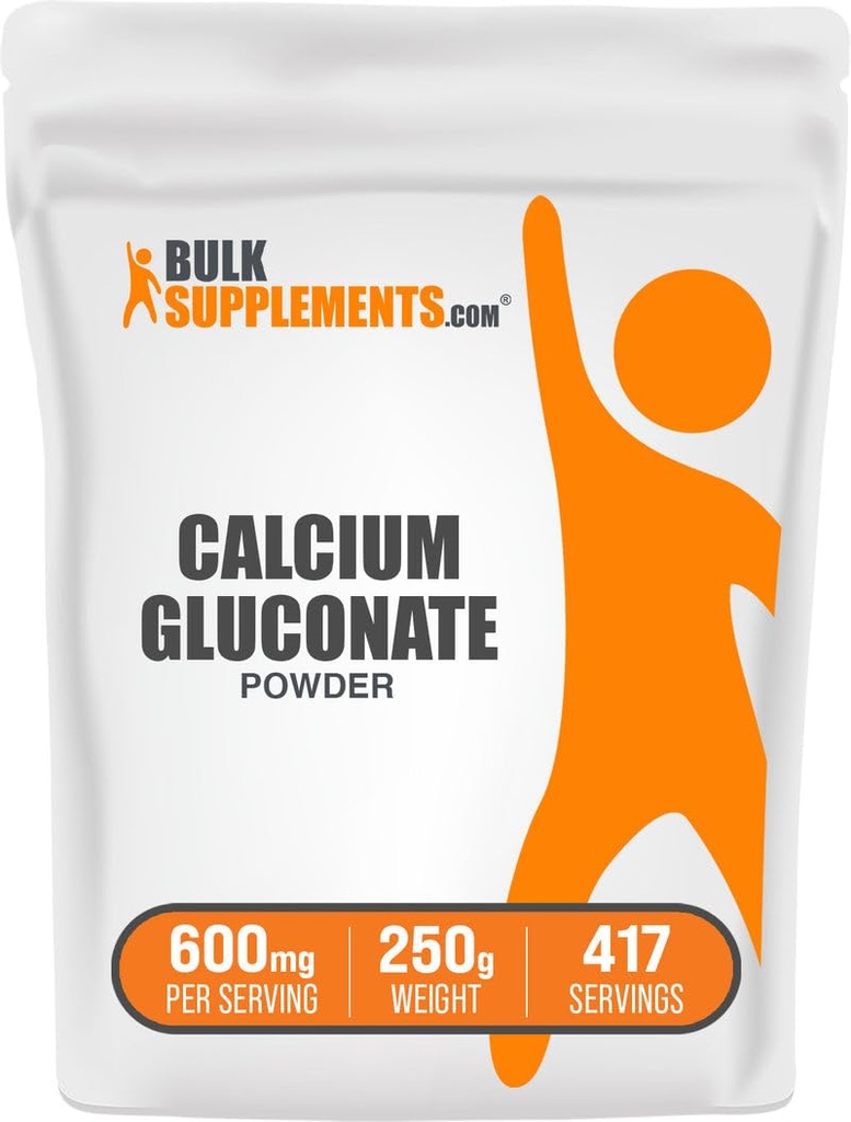 BulkSupplements.com Calcium Gluconate Powder - Kalcium Supplement, enkelt Absorbed - Unflavored & Gluten Free, 600mg per portion, 250g (8,8 oz) (Pack of 1)