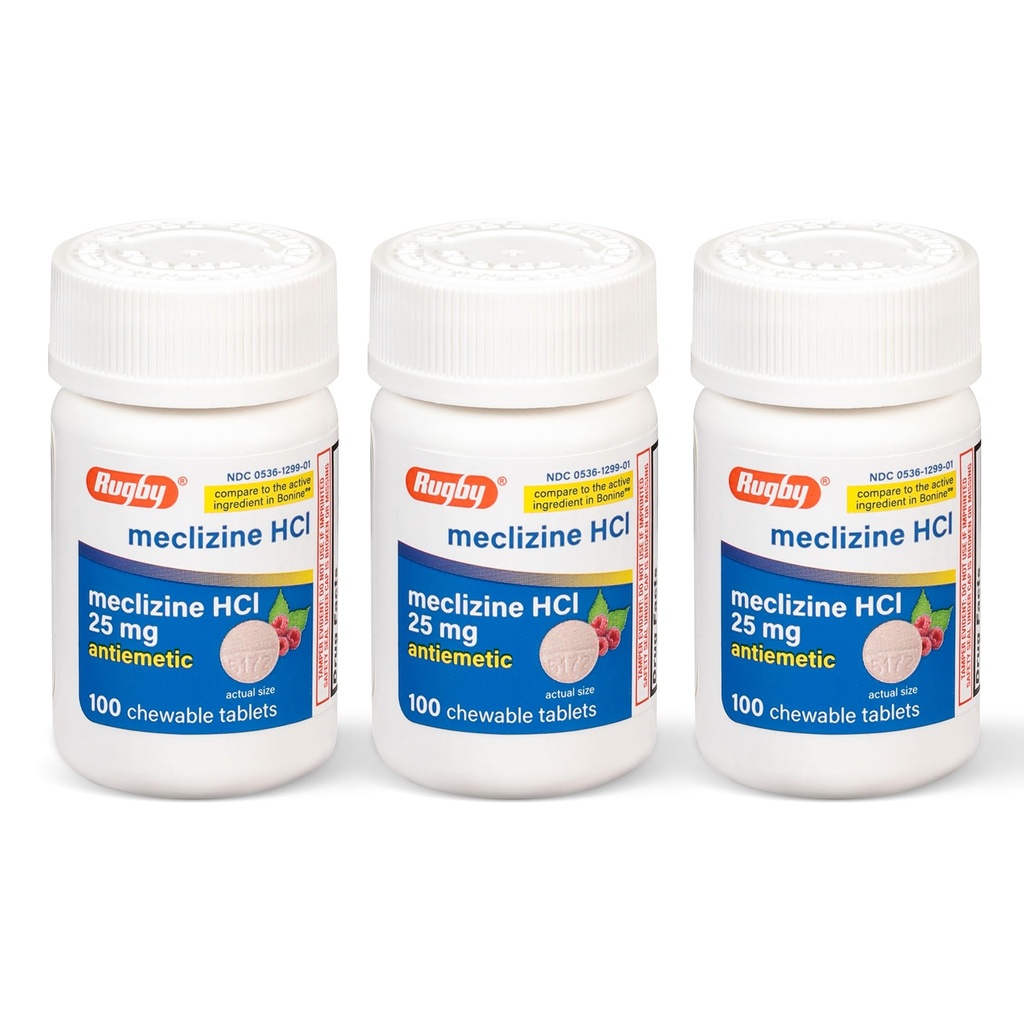 Rugby Meclizine Chewable Tablets 25mg - Anti-Nausea Medicine hjälper till med Motion Sickness - 100 greve (3 Pack)