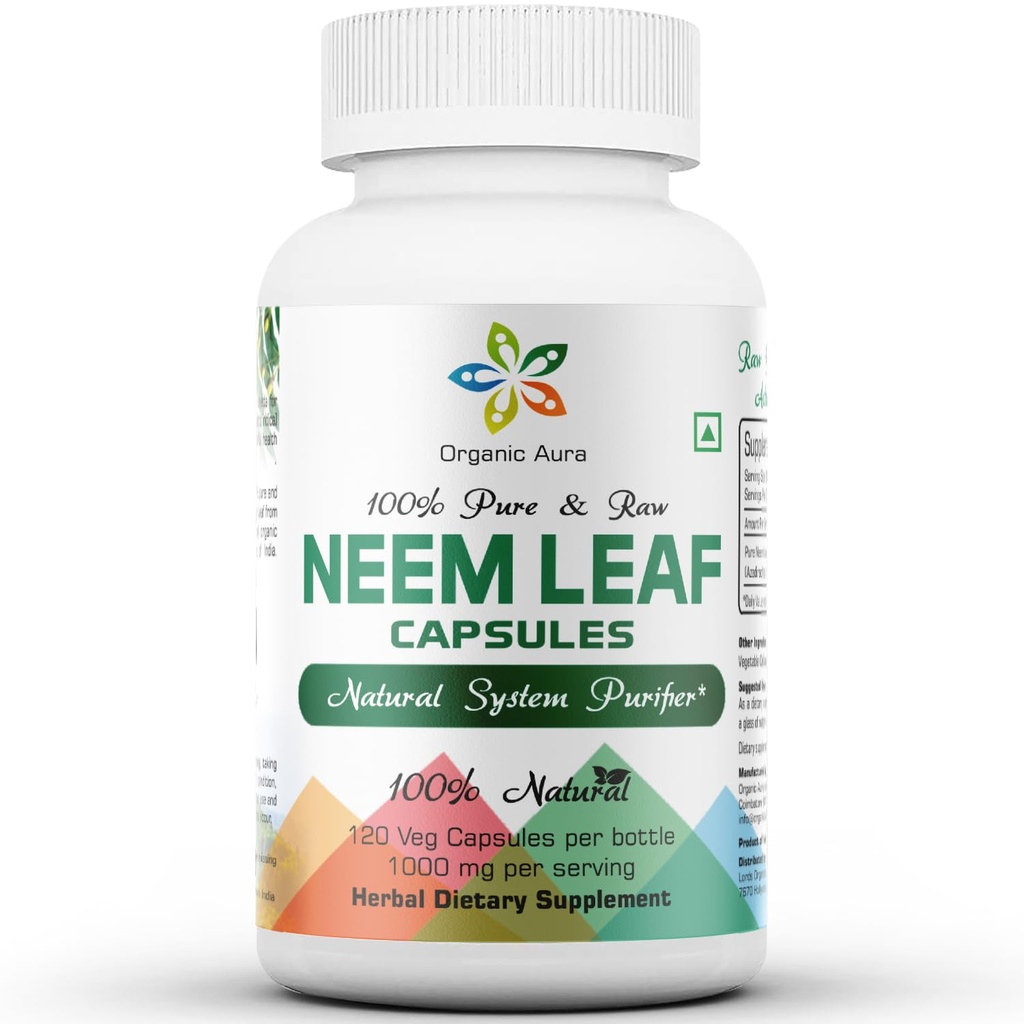 Ekologiska Aura Neem kapslar. 100% ren och potent. Raw Green Whole Superfood. Tillverkad med Whole Spectrum Neem Leaves. Miracle Detoxifying Agent. Radiant Skin och Immunity