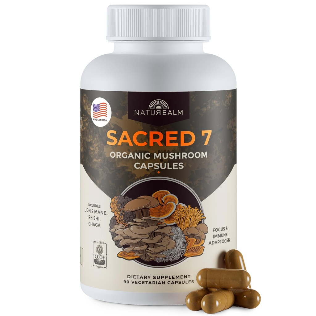 Naturealm Sacred 7 Organic Mushroom Extract Capsules - Premium 7 Mushroom Supplement med Lions Mane, Reishi, Chaga - USDA Organic Immune Support & Focus - 90 Vegetariska kapslar