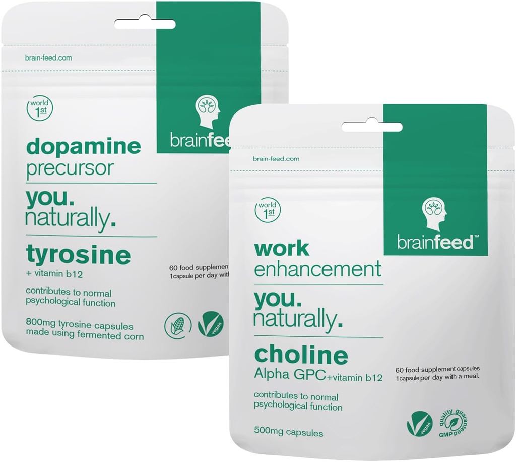 Hjärntillskott för minne och fokus | 2-månaders leverans | 800mg L tyrosin Dopamintillskott + 500mg Alpha GPC Choline | Koncentrationstillskott