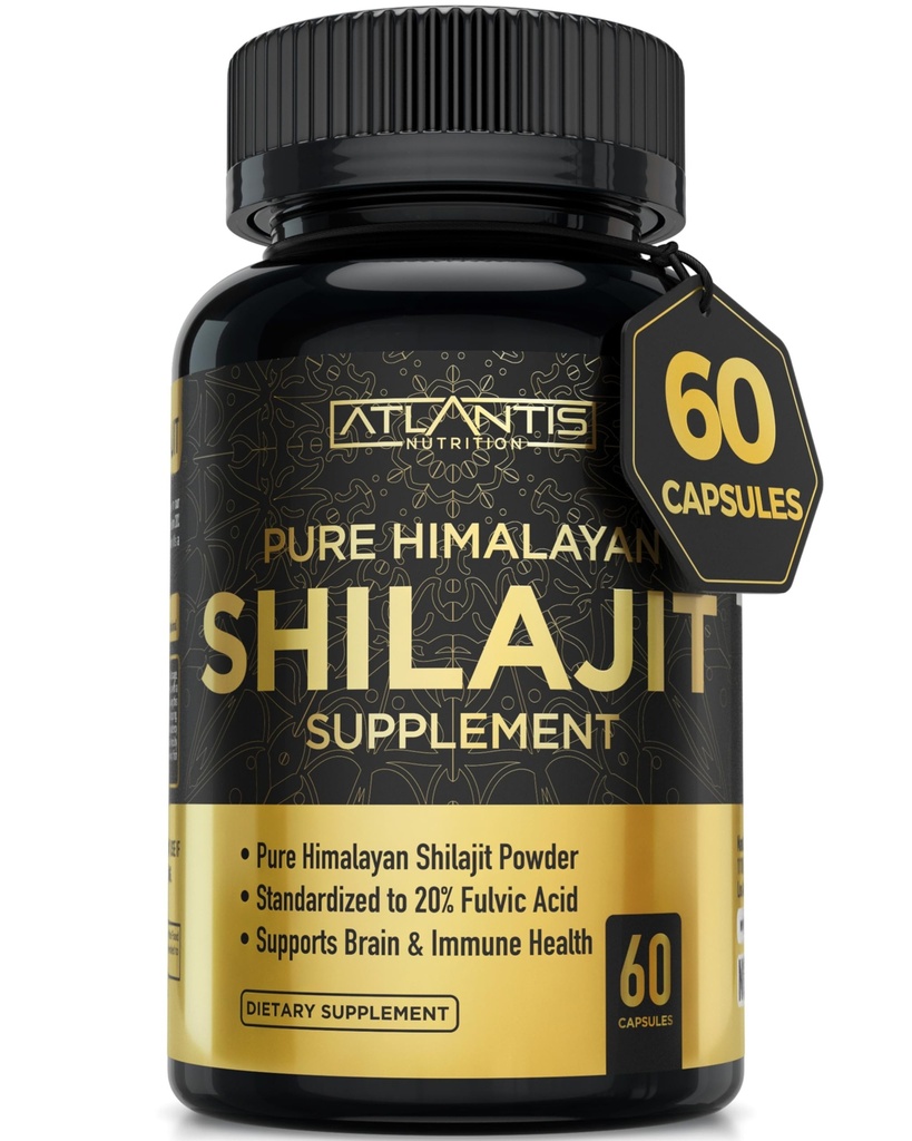 Atlantis Nutrition Himalayan Shilajit Capsules Formulerad med 20% Fulvic Acid | 10:1 Extract Tillhandahållande 10.000mg D.H.E. | USA Made | Himalayan Shilajit Supplement för Män & Kvinnor | 60 kapslar