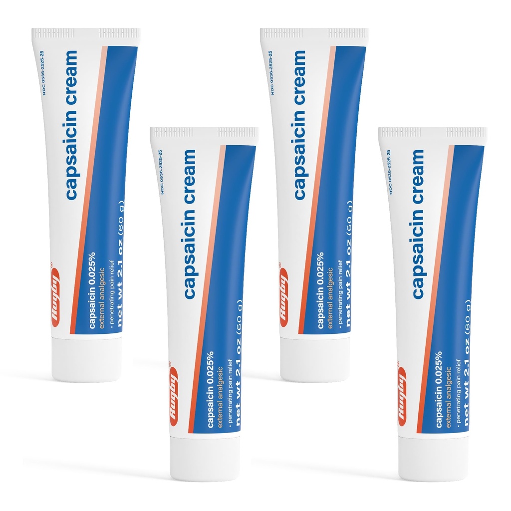 Rugby Capsaicin 0,025% Cream för penetrerande smärtlindring - 2.1 Oz (60g) (4 Pack)