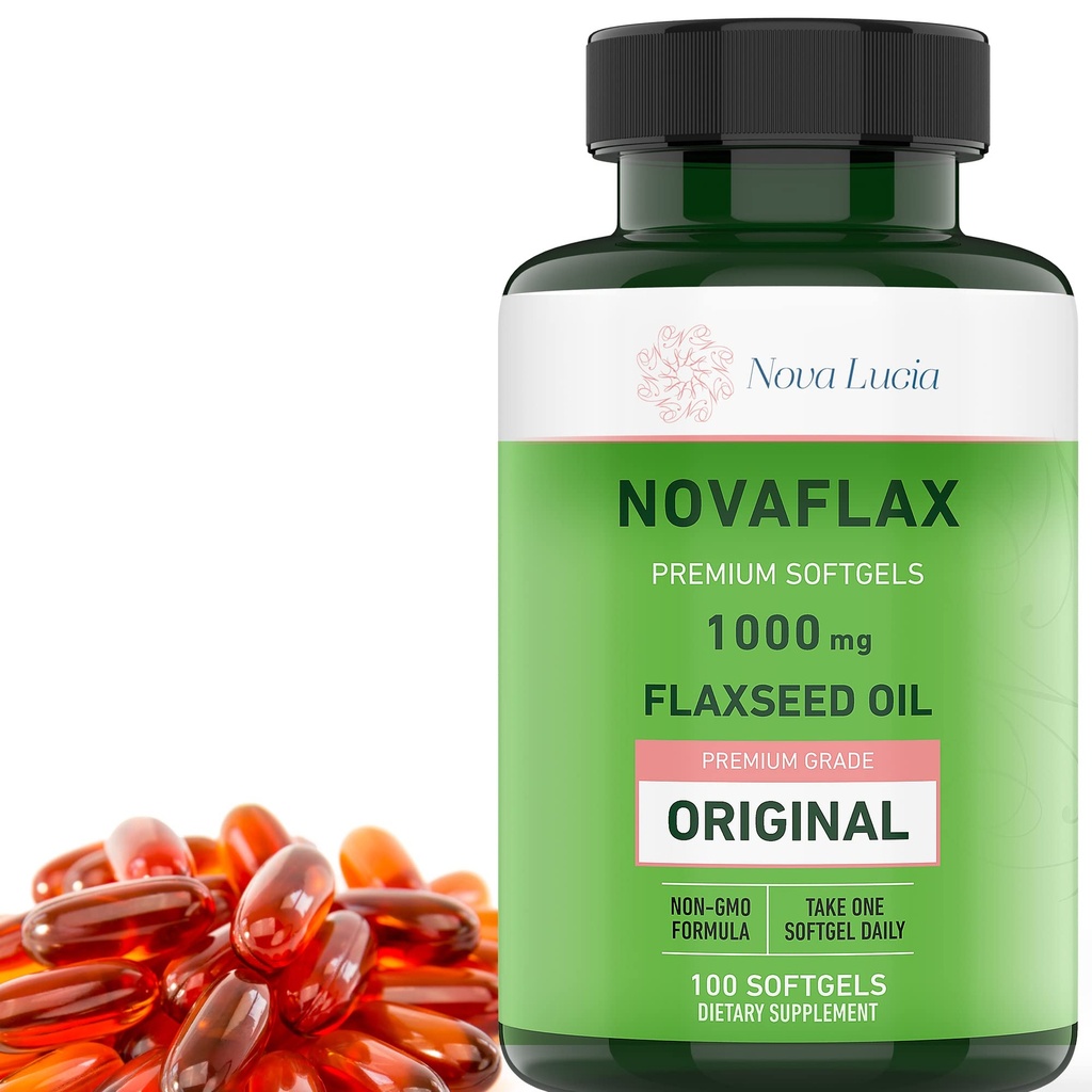 Nova Lucia Organic Flaxseed Oil Capsules 1000mg - Omega 3 6 9 Softgels för hår, hud och naglar - Non-GMO, Gluten-Free, Hexane-Free, lätt att svälja - 100 flytande Softgels