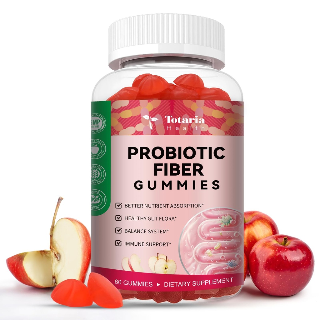 Totaria 9-i-1 Probiotiska Fiber Gummies för vuxna & Teens 16G Fiber per portion, Psyllium Fiber Supplement med 5 miljarder CFU Bacillus Coagulans, Inulin, ACV för Digestive & Gut Wellness - 60 Gummies