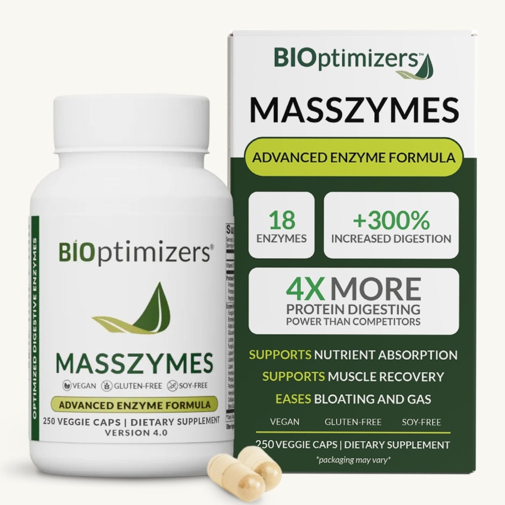 BiOptimizers MassZymes - Komplett Digestive Enzymes Supplement for Gut Health - Bloating Relief for Men and Women - Lipase Amylase Bromelain Digestive Enzymes (250 kapslar)