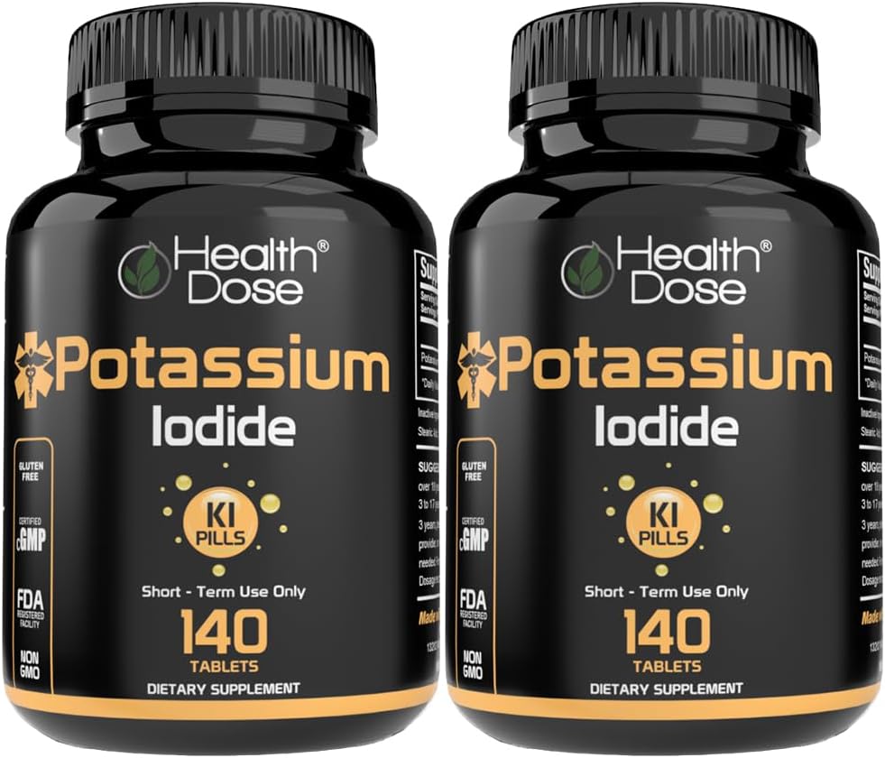 Hälsodos kalium + jodid (KI) tabletter - 130 mg 140 tabletter - för sköldkörtelstöd, cellulär metabolism och elektrolytbalans - icke-GMO, glutenfri, GMP-certifierad, paket med 2