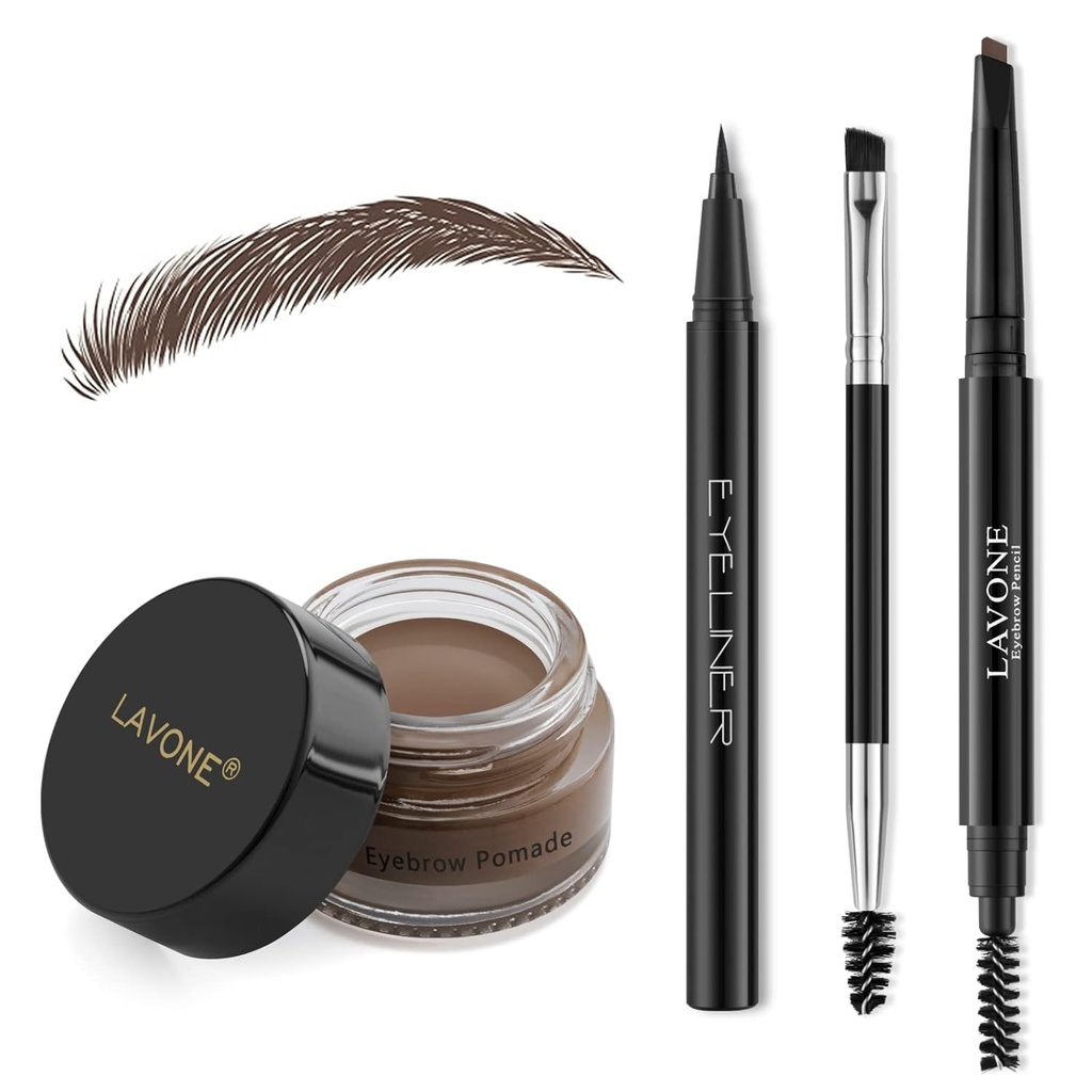 LAVONE Makeup Kit med Eyebrow Stamp Pencil, Waterproof Brow Pencil & Pomade, Eyeliner, Dual-ended Eyebrow Brush, Dark Brown