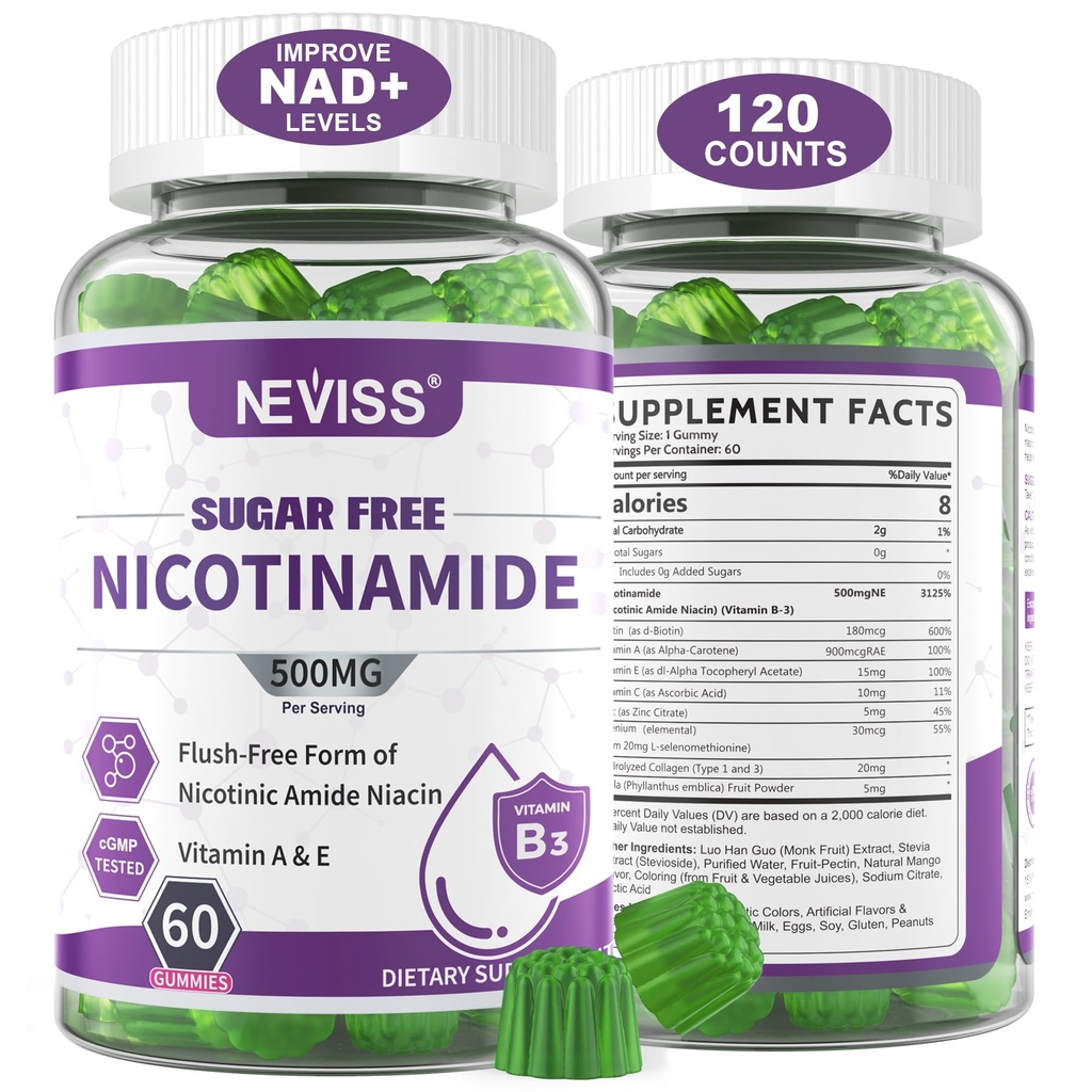 Sugar Free Nicotinamide 500mg Gummies, (Flush Free Niacin) Vitamin B3 Niacinamide Supplement för Cellular Energy Metabolism & Repair, Vitality, Healthy Aging, Cranberry Flavor, Easy to Chew, 120 Cts