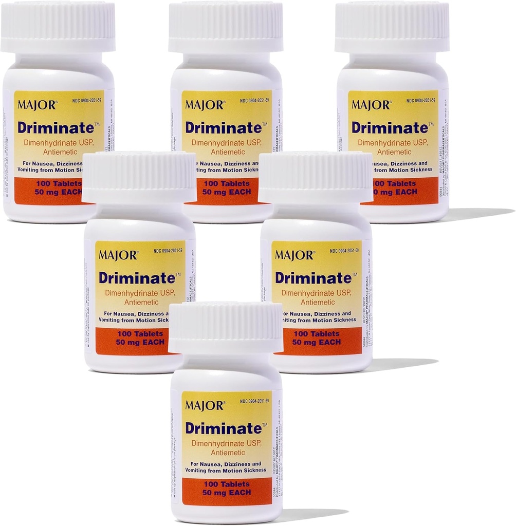 MAJOR Driminate - Dimenhydrinate 50mg Motion Sickness tabletter - Anti-Nausea Medicine - 100 tabletter (6 Pack)