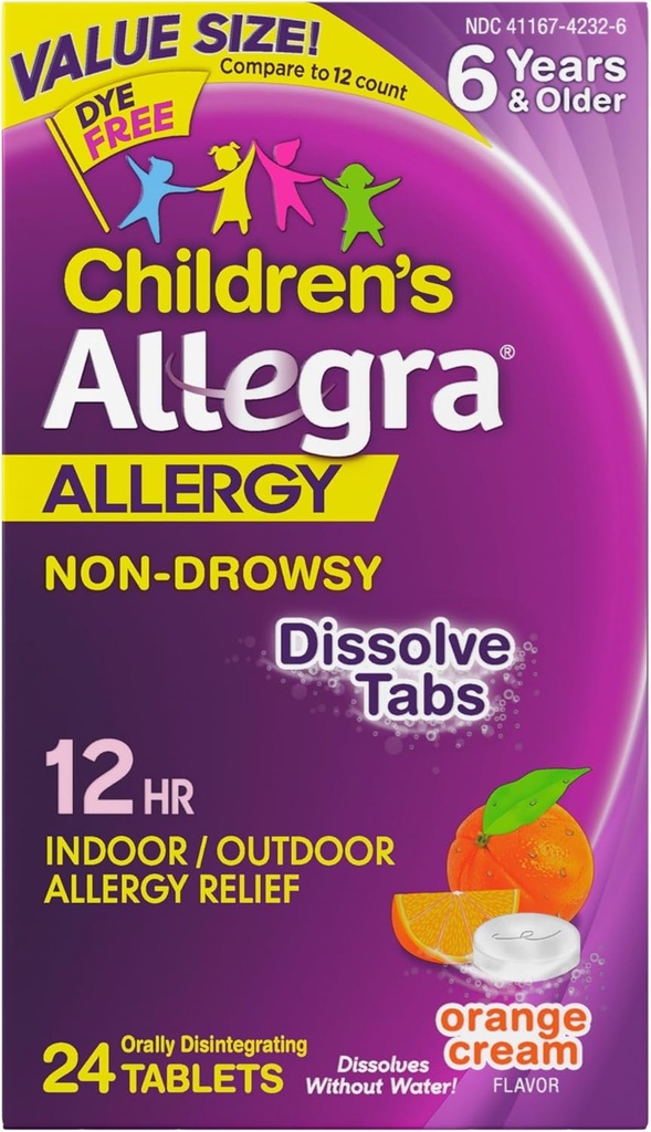 Allegra Barnens 12-timmars allergihjälp Orally Dissolving Tablets, Non-Drowsy Indoor and Outdoor Allergy Medicine, 30 mg Fexofenadine HCI Antihistamine för barn, Orange Cream Flavor, 24-Count