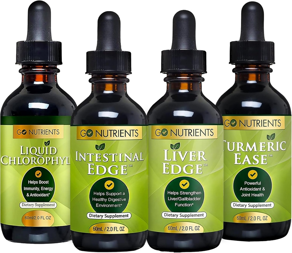 Go Nutrients Digestion & Detox Bundle - Liquid Chlorophyll, Liver Edge, Intestinal Edge, Turmeric Ease - Stöder rengöring, Digestion, Liver Health och Body Defense, Revitalize Skin & Vitality