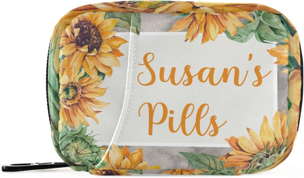 Custom Pill Box 7 Day Pill Case Bag Sunflower Personalized Name Travel Pill Organizer Bag med Zipper Portable Weekly Case Compact Size för vitamin Supplement Holder