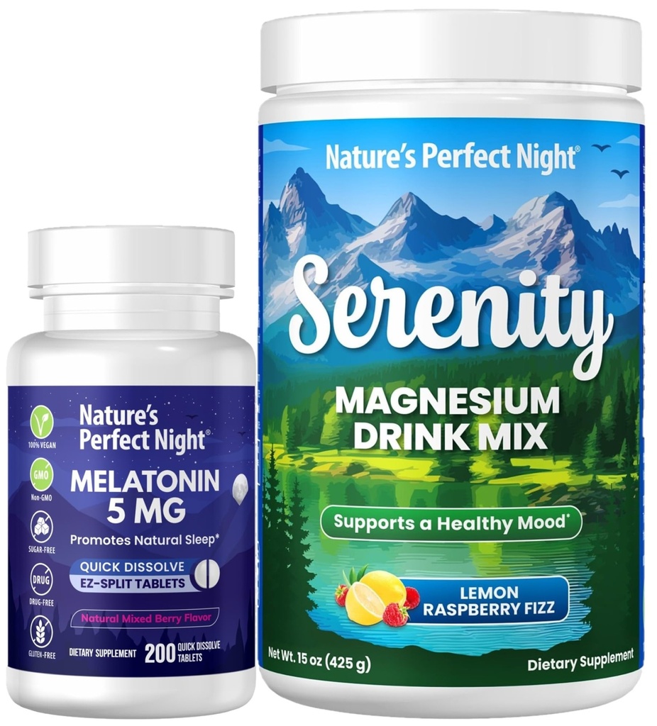Naturens perfekta nattmelatonin 5mg snabbupplösning blandad Berry 200 greve med Serenity Magnesium pulver 15 oz Lemon Raspberry
