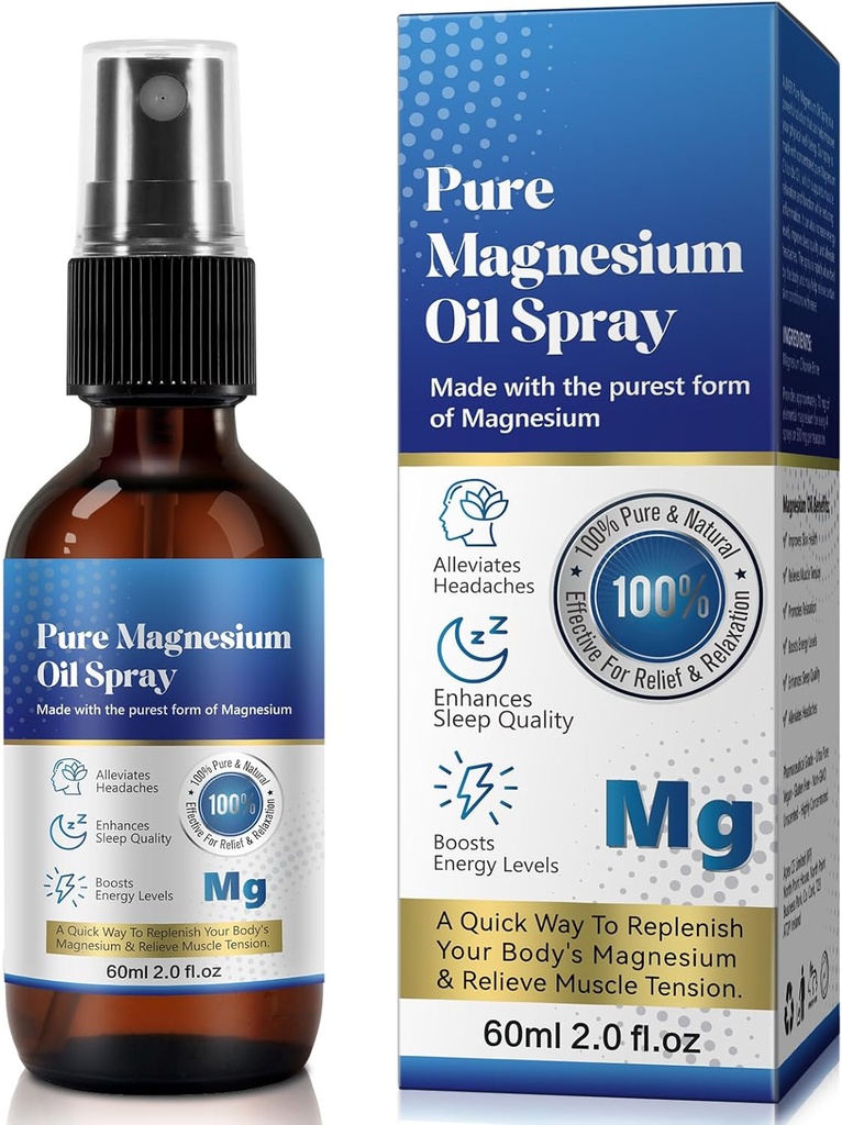 Pure Topical Magnesium Oil Spray, Magnesium Spray för fötter, 100%, Snabb Absorption - Naturlig källa med kraftfullt blandning av väsentliga oljor, repetera kropp-2,02 fl oz