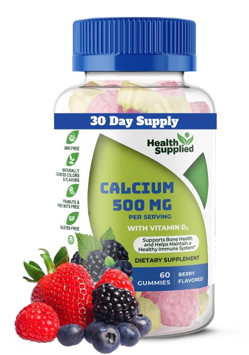 Calcium 500mg med vitamin D3 1000 IU Gummies | Daglig kosttillskott | Benstyrka, tillväxt, tänder | för vuxna, tonåringar, barn | Stor smak naturlig bär smak Vitamin Gummy