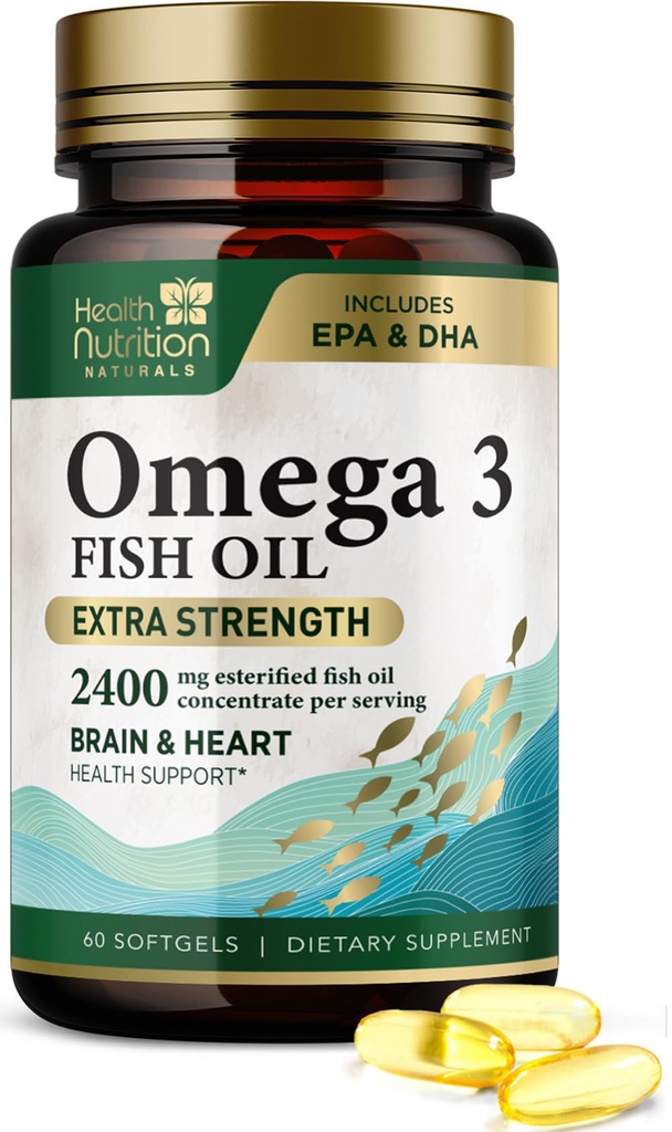 Omega 3 Fiskolja 2400 mg - Triple Strength Omega-3 Supplements - Natural Brain Heart Health & Immune Support - Fettsyror med EPA & DHA - Wild Caught Purified Fish Oil Supplement - 60 Softgels