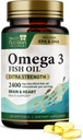 Omega 3 Fiskolja 2400 mg - Triple Strength Omega-3 Supplements - Natural Brain Heart Health & Immune Support - Fettsyror med EPA & DHA - Wild Caught Purified Fish Oil Supplement - 60 Softgels