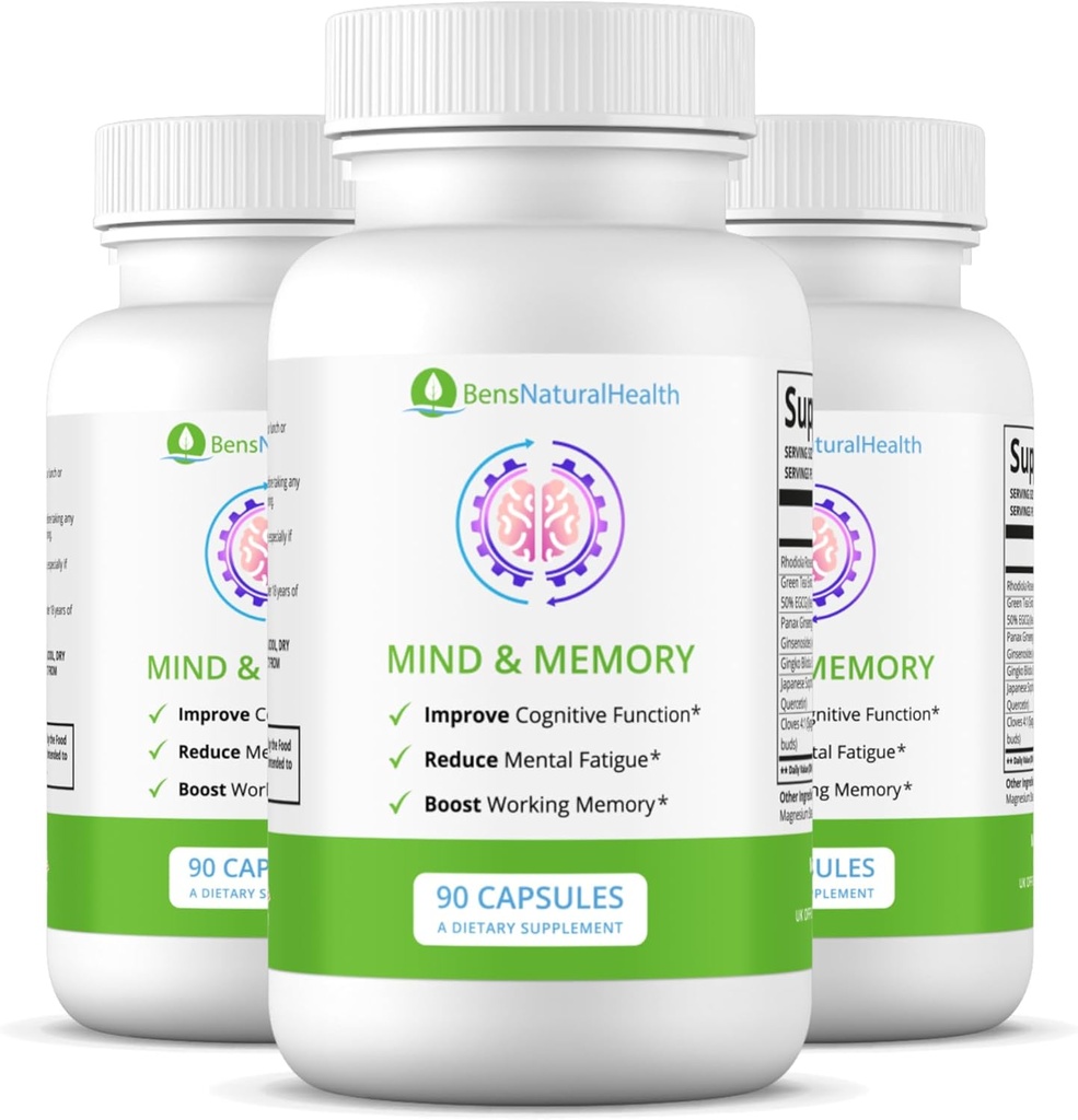 Ben's Natural Health Mind & Memory Supplement, Nootropic Brain Support med Rhodiola, Green Tea, Cloves & Quercetin, 90 Capsules, 3 Pack