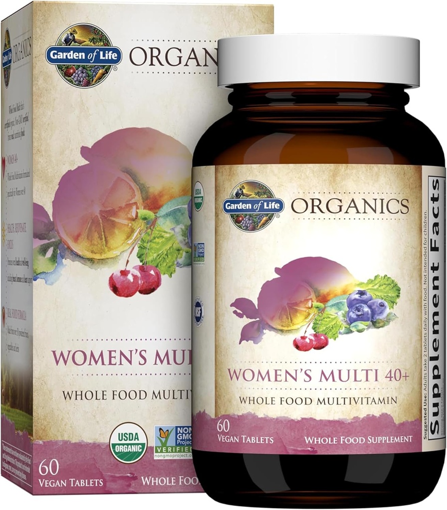 Garden of Life Organics Vitamins för kvinnor 40 + - 60 tabletter, Womens Multi 40+, Vegan Vitaminer för kvinnor över 40, Hormon och brösthälsostöd Blend, Whole Food Womens Multivitamin