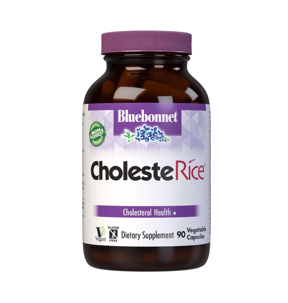 Bluebonnet Nutrition CholesteRice Vegetable Capsules, Red Yeast Rice, Plant Sterols, Pantethine, CoQ10, Policosanol, Vegan, Vegetarian, Non GMO, Gluten Free, Milk Free, SOY-FREE, 90 Vegetabiliska kapslar