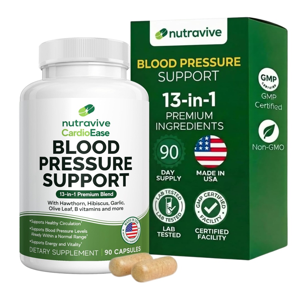 Nutravive Blood Pressure Support Supplement - Natural Heart & Circulation Support med Hawthorn, Garlic, Olive Leaf, Hibiscus & B12 - USA Made, GMP Facility - 90 kapslar