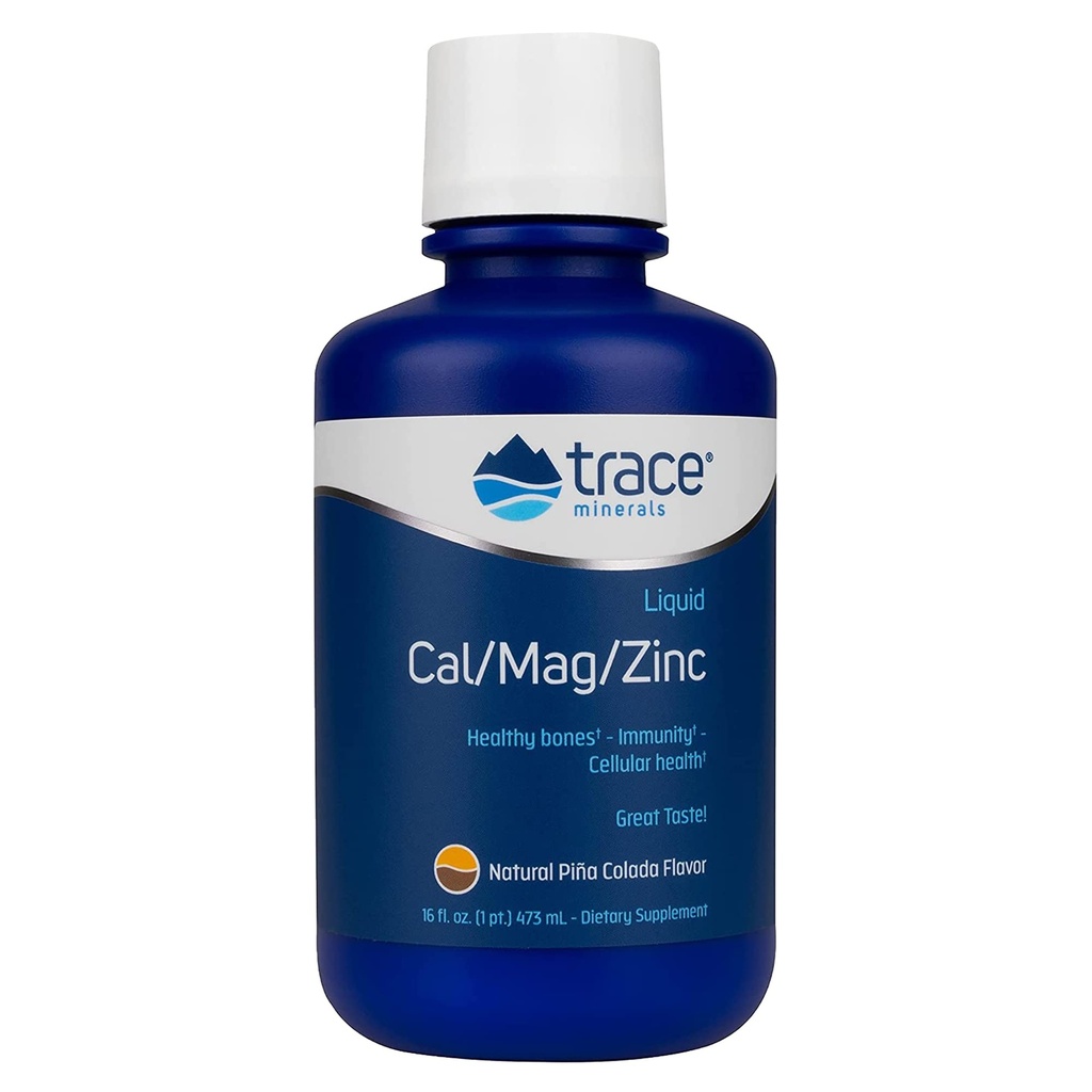 Trace Minerals | Liquid Cal/Mag/Zinc | Calcium, Magnesium, Zink, Vitamin D3 Supplement | Stöder Normal Tissue, Muscle och Bone Density | Natural Piña Colada Flavor | 16 Servings, 16 fl oz.