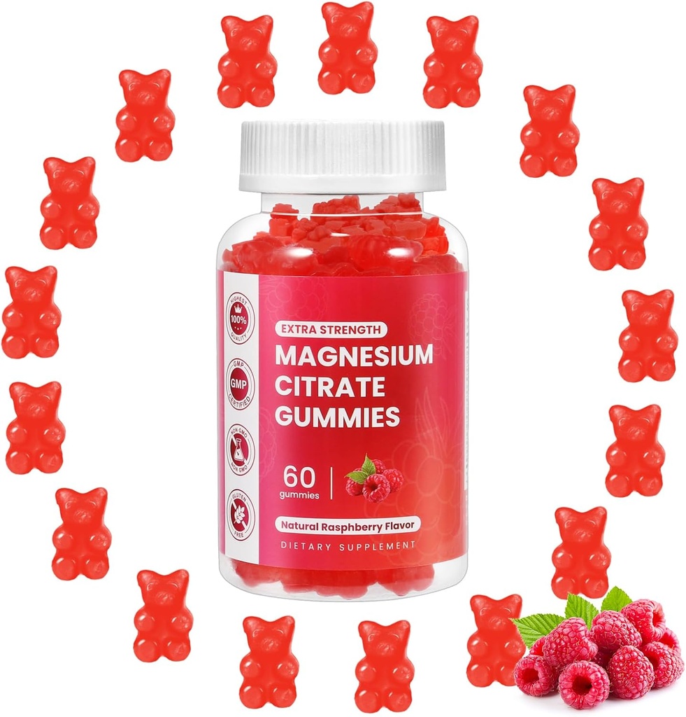Magnesium Glycinate Gummies 400mg,Magnesium l-Threonate 200mg Gummie,Chelated Magnesium och kaliumkomplex tillskott för att stödja minne, humör och sömn,(60 Magnesium Gummies, Raspberry Flavor)