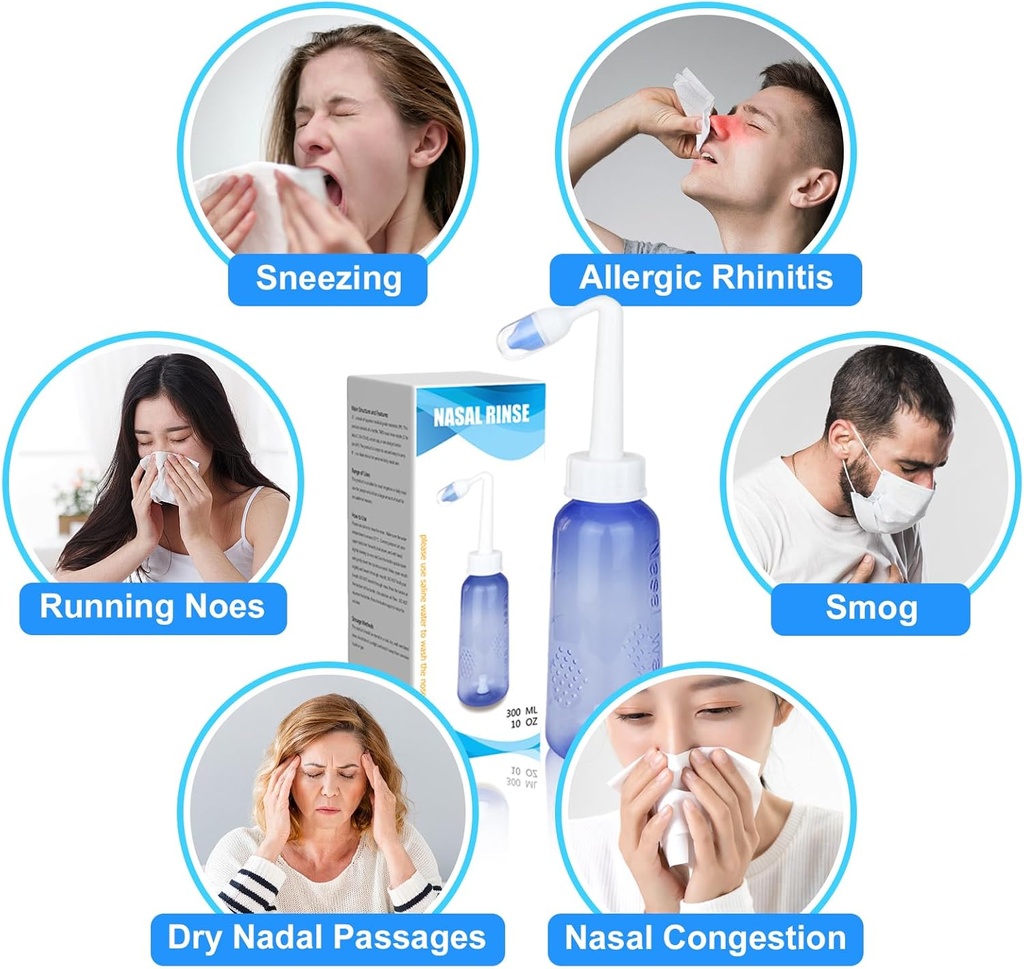 300 ML Nasal Rinse Neti Pot Sinus Rinse Bottle Gentle Nasal Wash Bottle Nose Cleaner Comfortable for Adult & Kid Effective Pressure Irrigatio with 20 Nasal Wash Salt Packets BPA Free