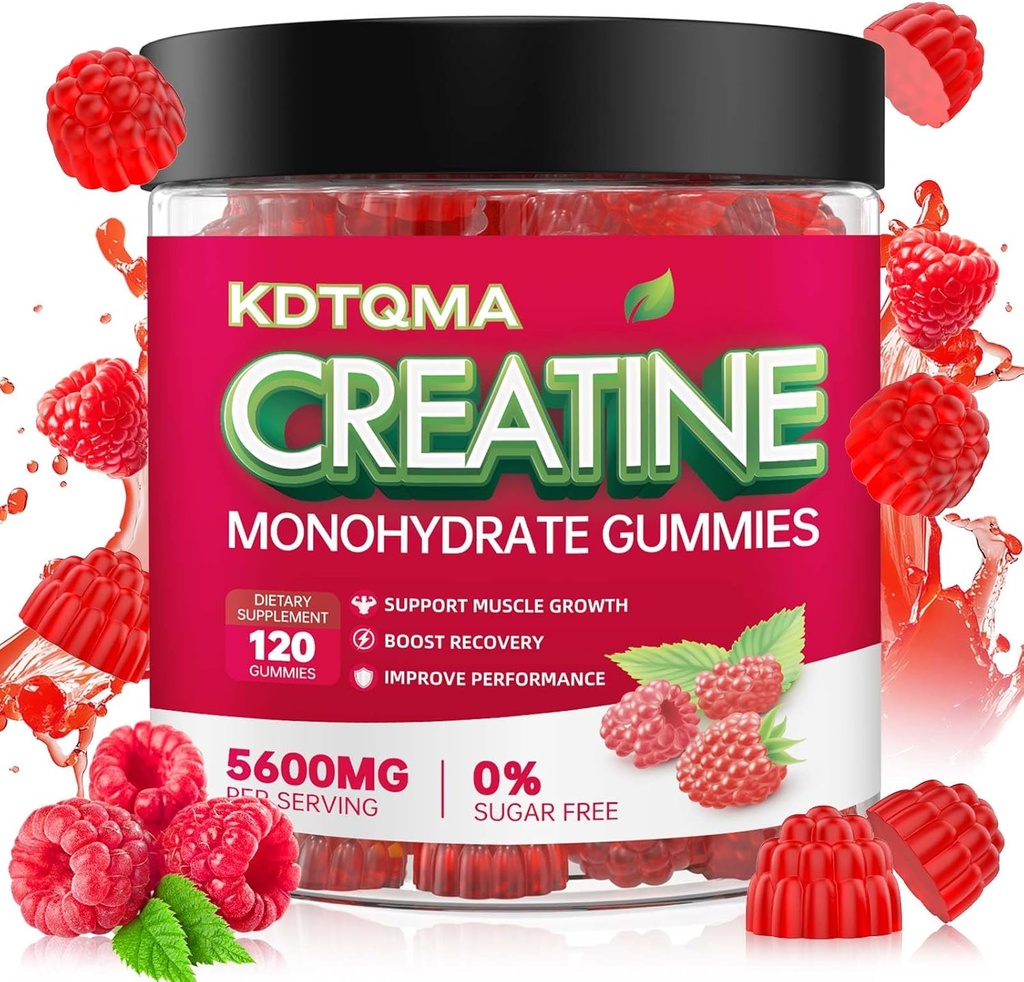 Kreatinmonohydrat Gummies för män och kvinnor 120 CT - 5600 mg kreatinmonohydrat per servering, tuggbar kreatinmonohydrat för muskelstöd och energiökning, sockerfri, Vegan (Raspberry smak)