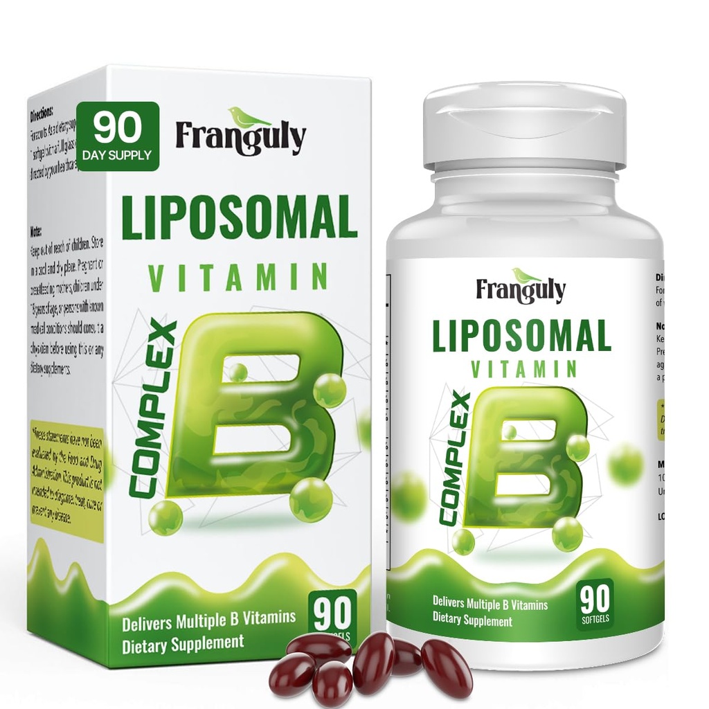 Liposomal B-komplex designad för hög absorption B-vitaminer med kolininositol vitamin B1, B2, B3, B5, B6, Biotin, folat, metylerad B12- immun, energi, hjärnhjärtstöd 90 Softgels