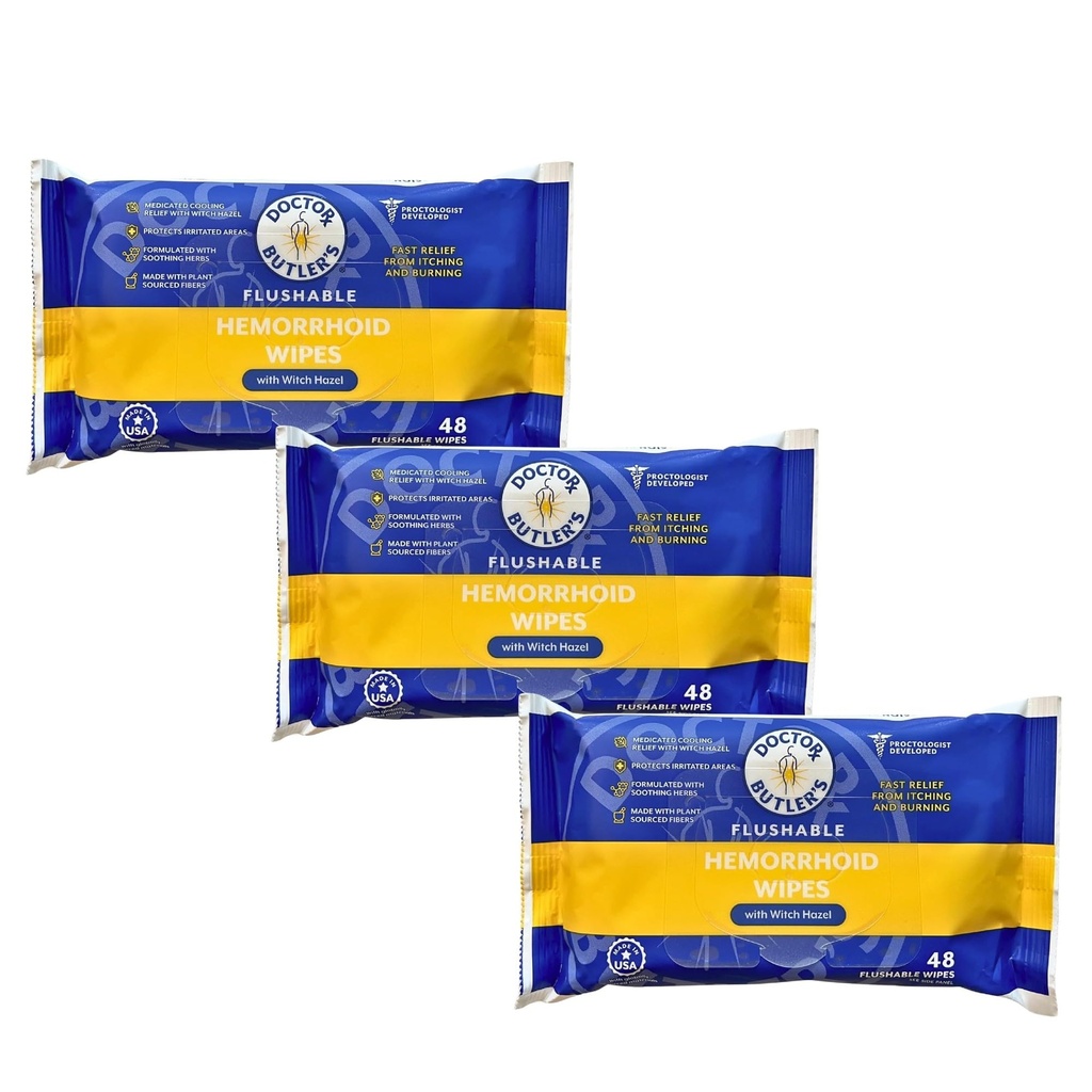 Doktor Butler's Flushable Hemorrhoid Wipes - Flushable Wipes med häxhazel för att lugna och få lättnad från obehag associerad med hemorrojder (3 Pack - 48 greve)