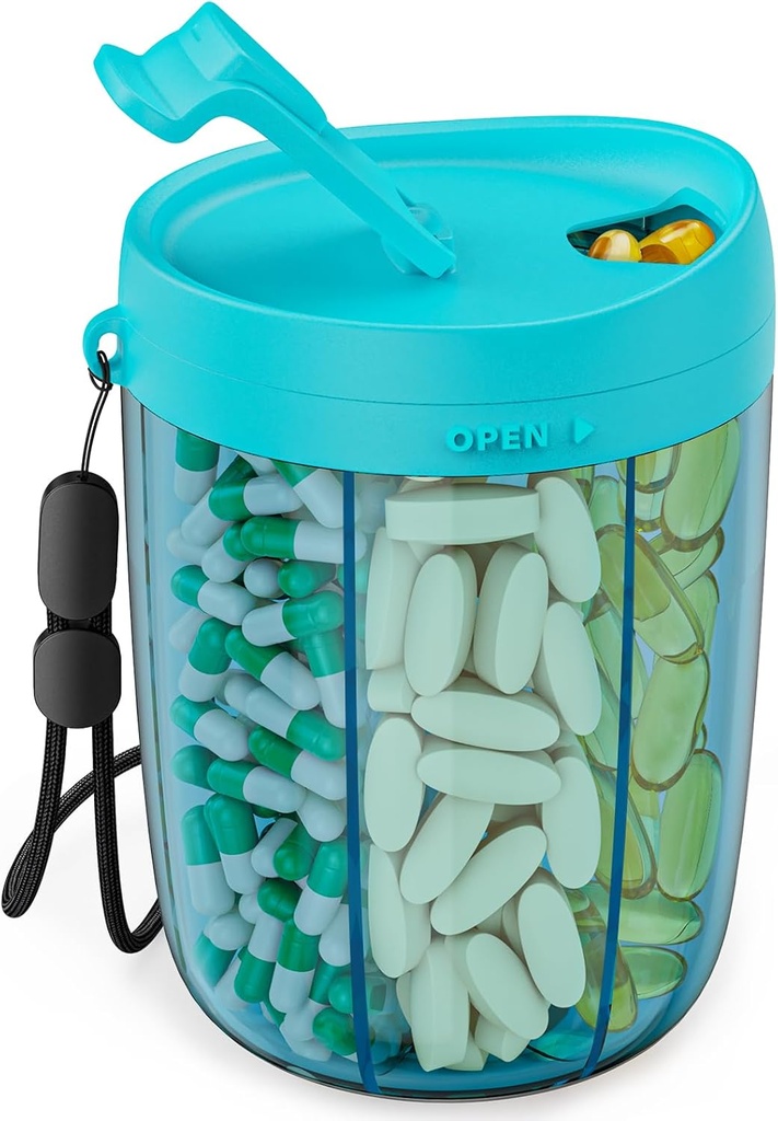 PULIV Large Pill Bottle Organizer, Supplement Organizer för Holding 6 Olika vitaminer, Pill Box Case med Anti-Mixing & Wide Opening Design, Lätt att hämta Meds och 20 Pcs Stick-on Labels, Blue