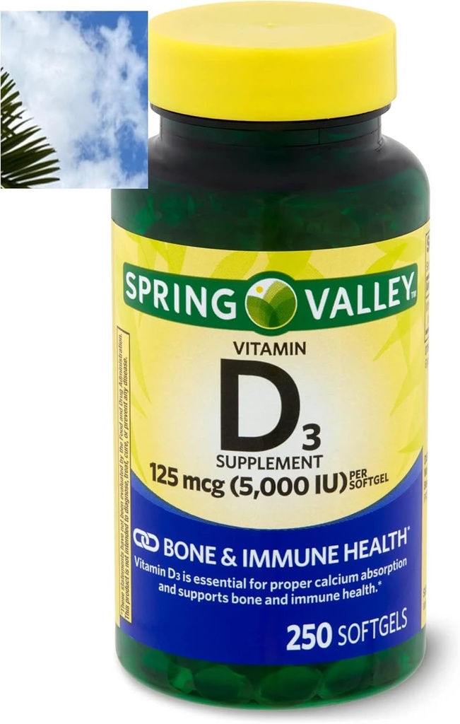 Spring Valley Vitamin D3 Softgels, 125 mcg per Softgel, 5 000 IE, 250 greve