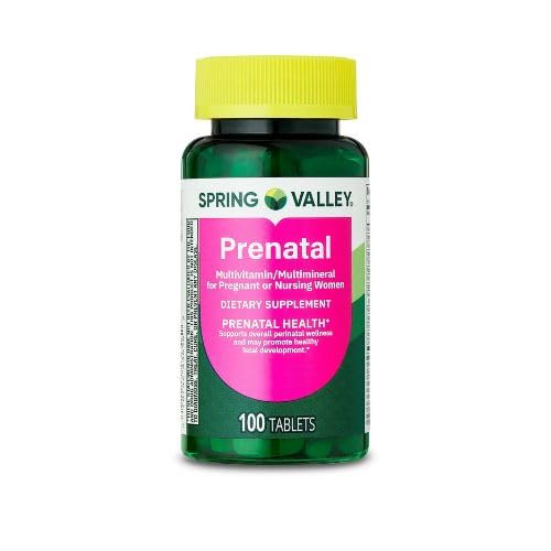 Spring Valley Prenatal Multivitamin/Multimineral för gravida och omvårdnad kvinnor kosttillskott tabletter, 100 greve + Sticker, Dri Store.