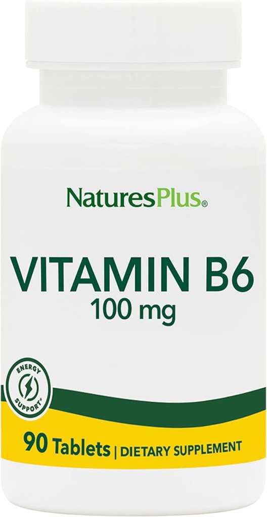 Natures Plus Vitamin B6 100 mg - Vegetarisk, Glutenfri - 90 tabletter, 90 portioner