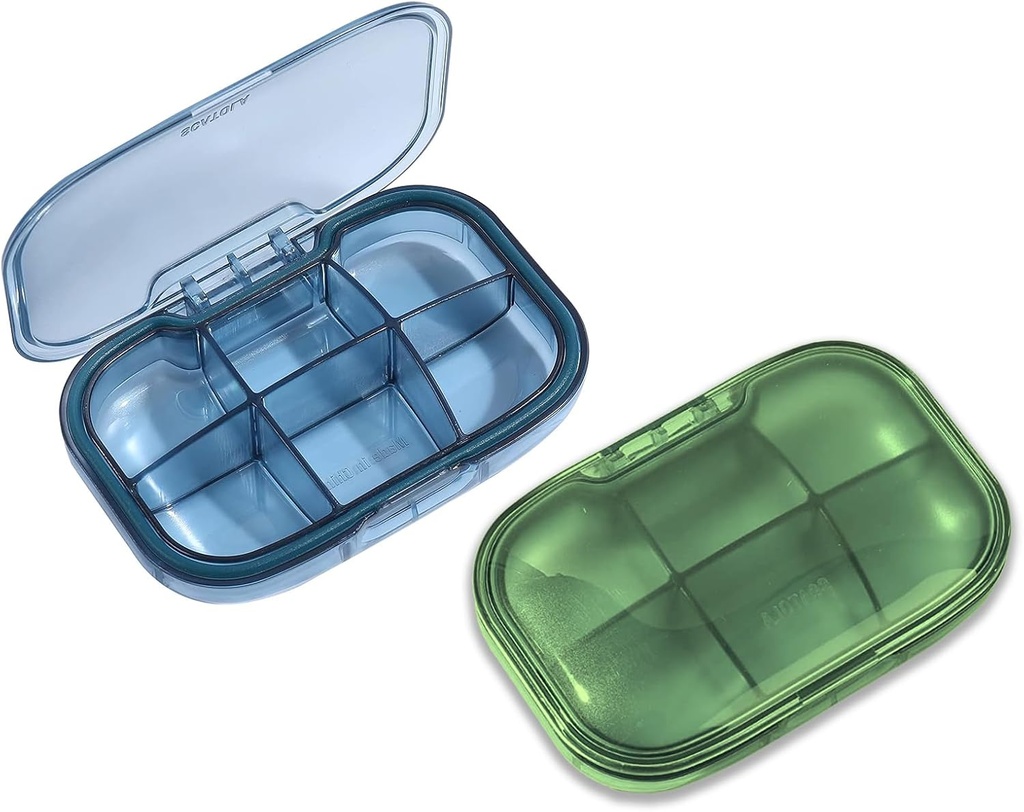 2 Pack 6 Compartment Pill Organizer, Moisture Proof Case for Travel, Daily Portable Medicine Vitamin Container, Fish Oil och Supplement Storage (Blue & Green)