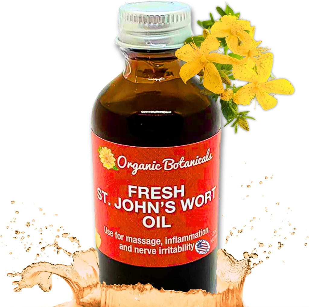 Em's Herbals Fresh St. John's Wort Oil - Wild Harvested i USA, Natural Solution for Nerve Discomfort, Skin Eruptions, Wound Care, Scar och Stretch Marks - Skin, Face, Body, Hair, Massage Oil (2 Oz)