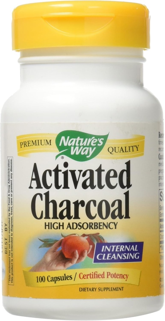 Naturens sätt aktiverat kol; 560 mg kol per portion; 100 kapslar